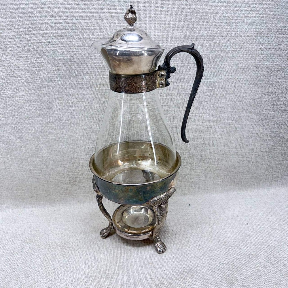 Sheridan Silver Plated Glass Coffee Carafe Decanter with Warmer Stand Vintage
